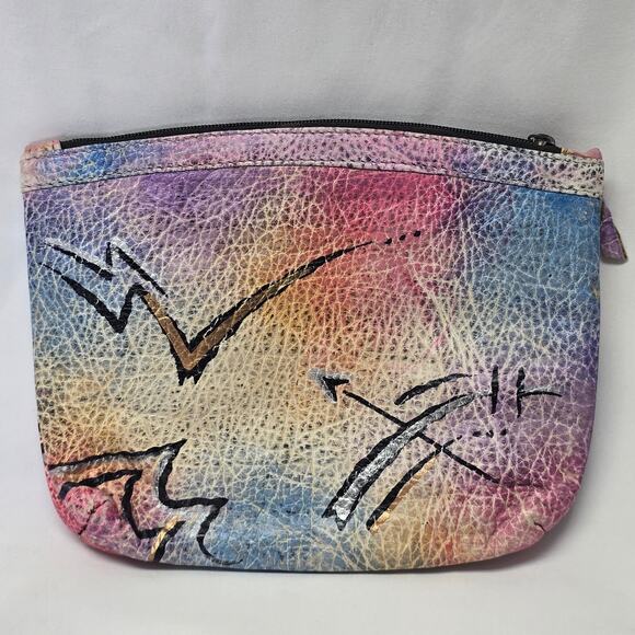 The Animal Face Hand Painted Genuine Leather Zip Case Small Clutch Coin Bag Mini - Picture 2 of 7